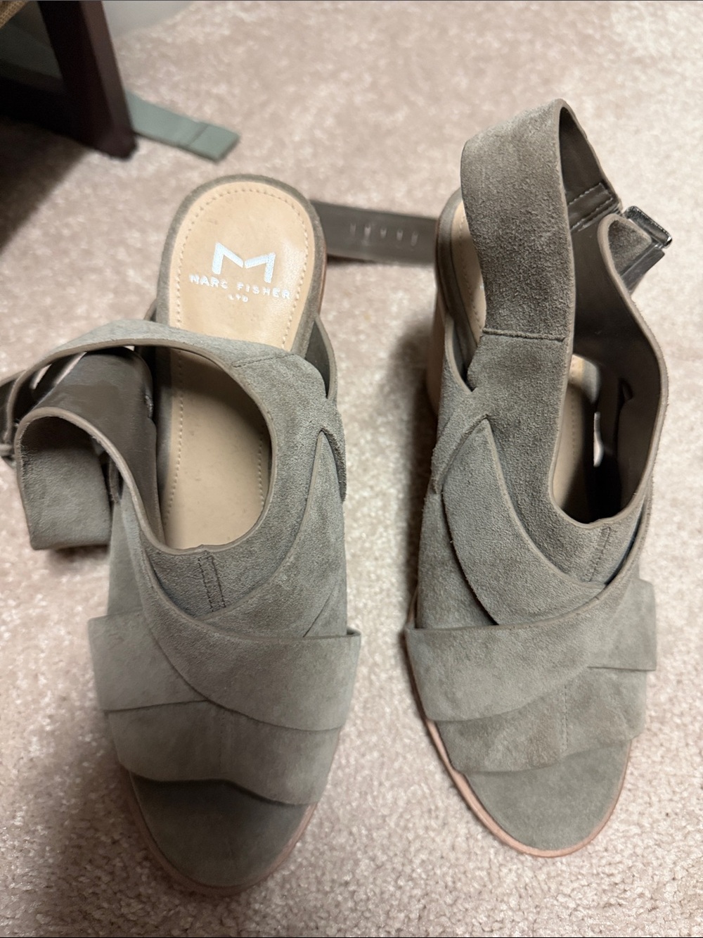 Brand New Marc Fisher Olive Gray Suede Crisscross Slingback Sandals
